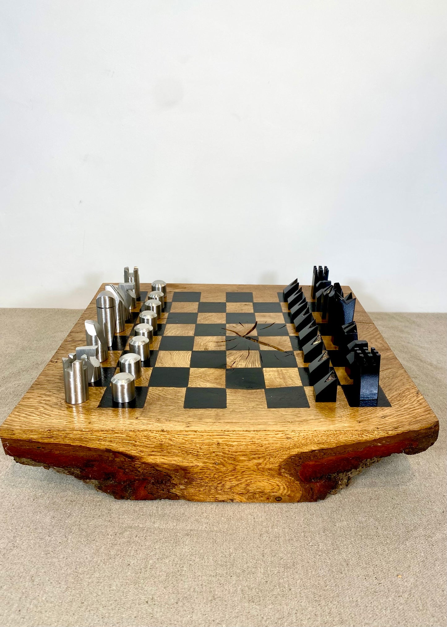 Hand Made Steel Chess set with Rustic Oak Board