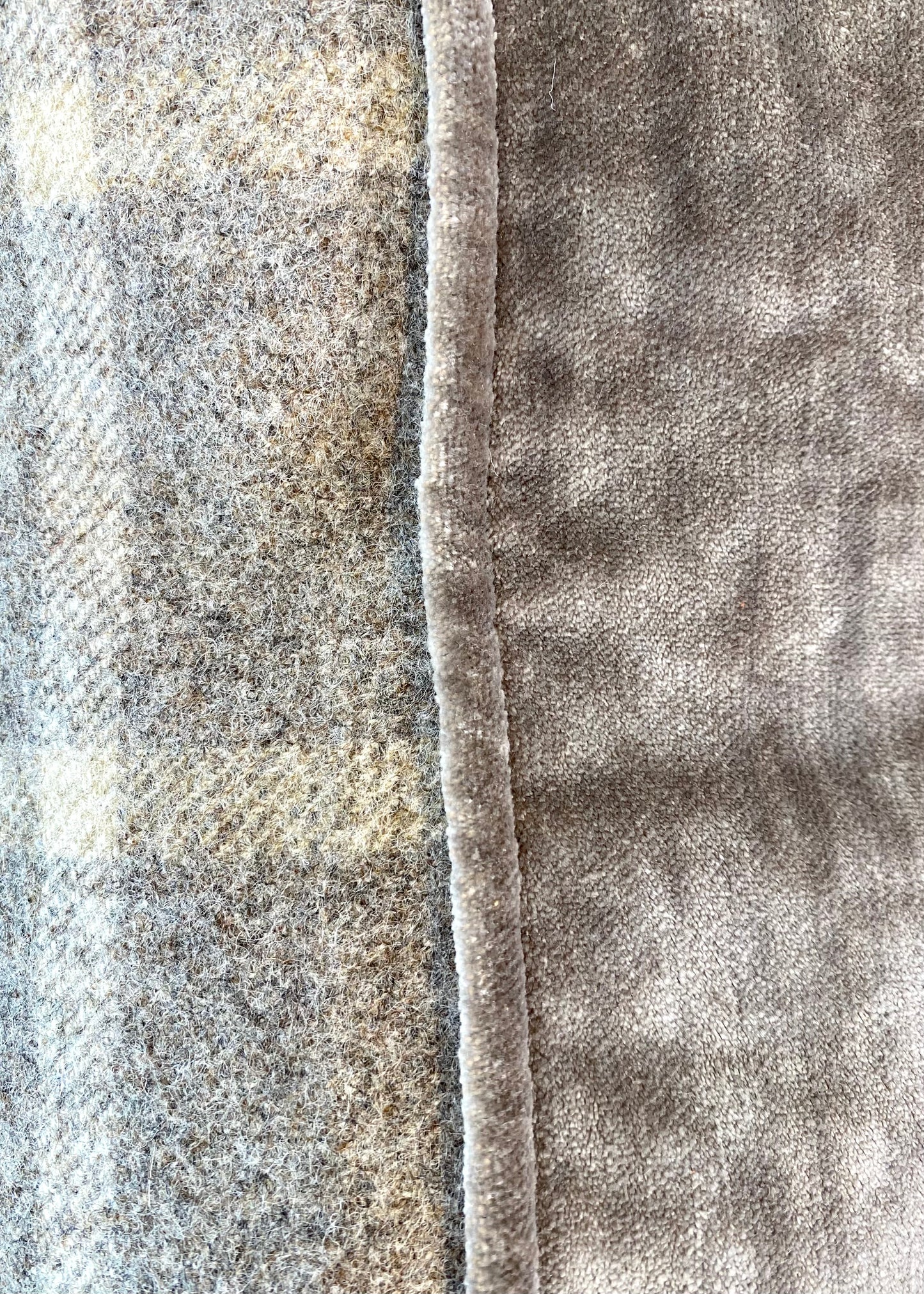 Grey Plaid and Velvet Piped Cushion with Feather Pad