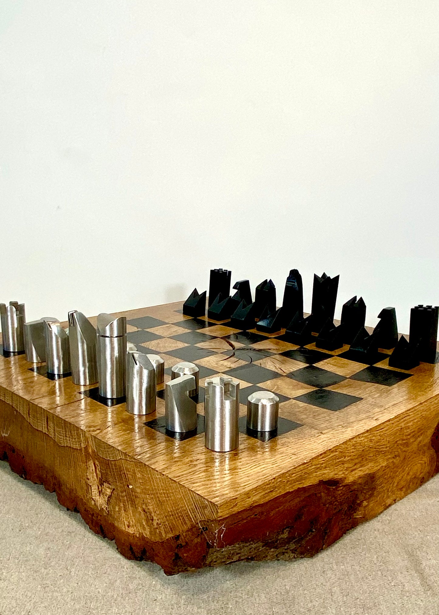 Hand Made Steel Chess set with Rustic Oak Board