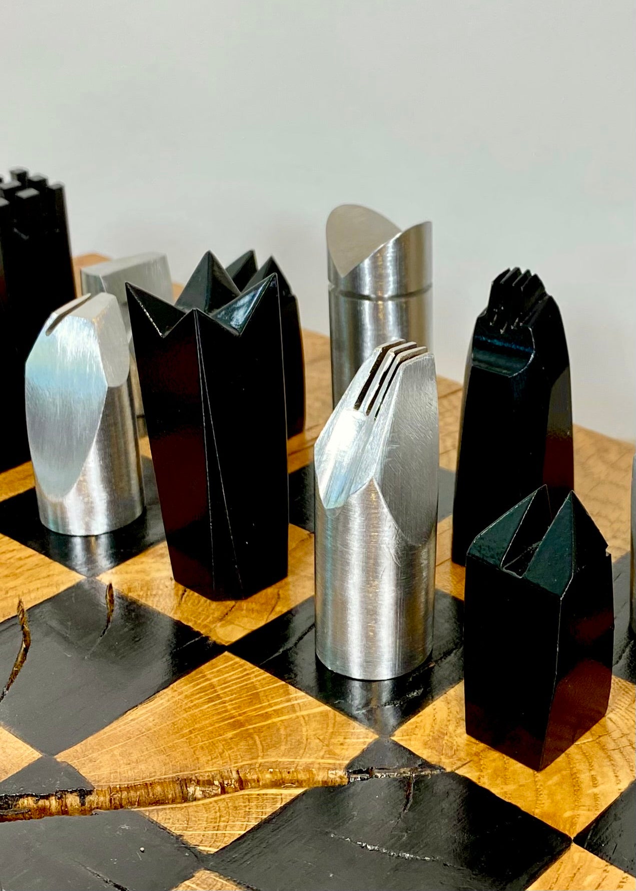 Hand Made Steel Chess set with Rustic Oak Board