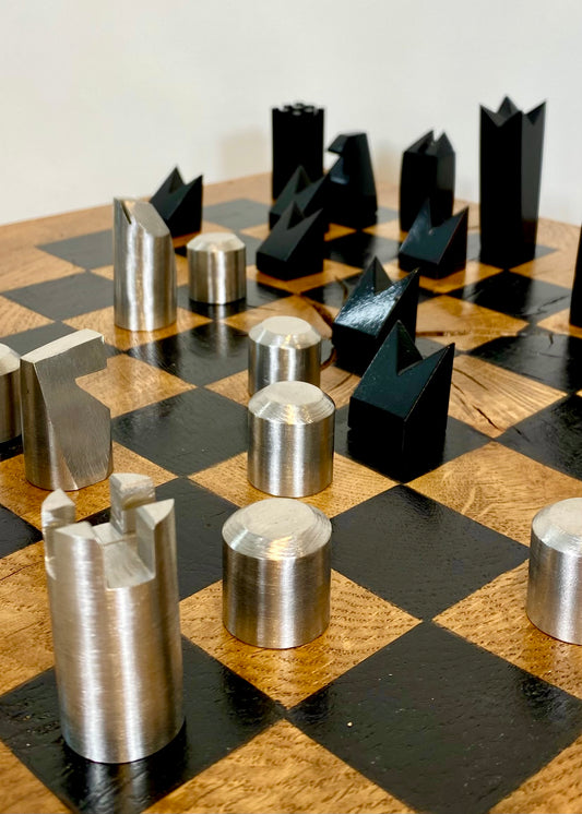 Hand Made Steel Chess set with Rustic Oak Board