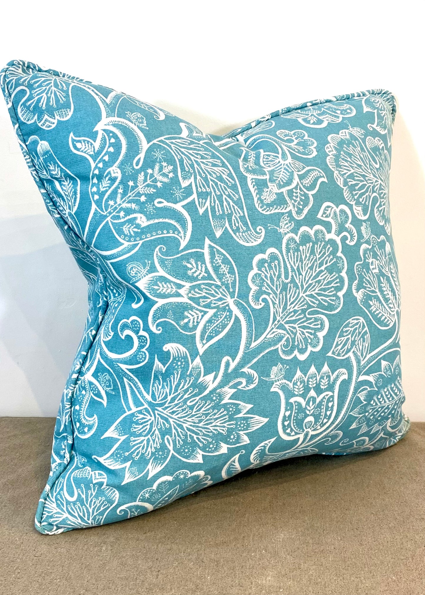 Aqua Botanical Print Piped Cushion