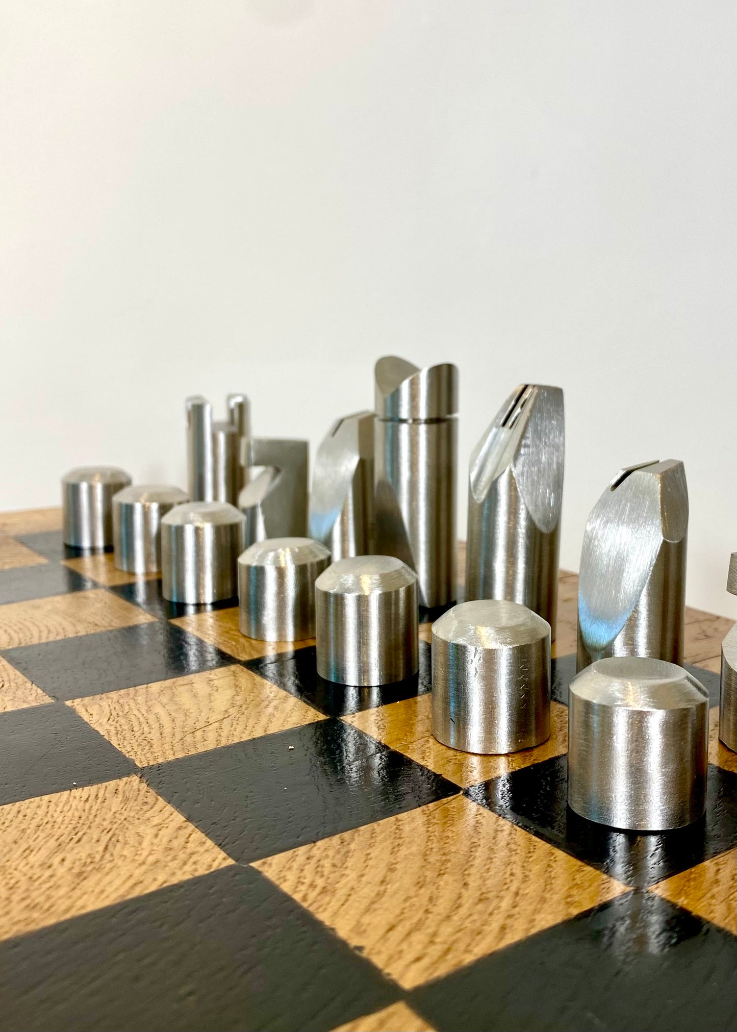 Hand Made Steel Chess set with Rustic Oak Board