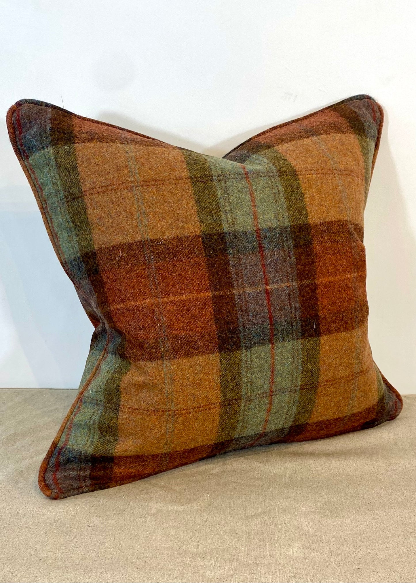 Terracotta/Red/Duck Egg Plaid Piped Cushion