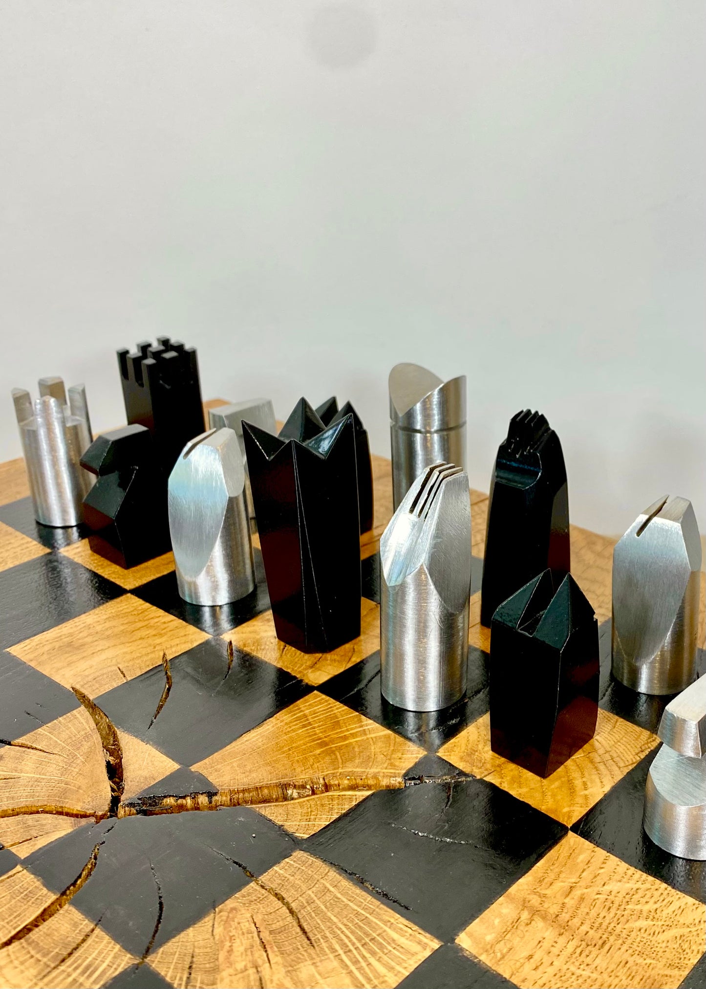 Hand Made Steel Chess set with Rustic Oak Board