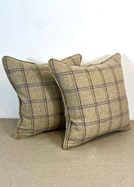 Neutral/Purple/Green Plaid Piped Cushion
