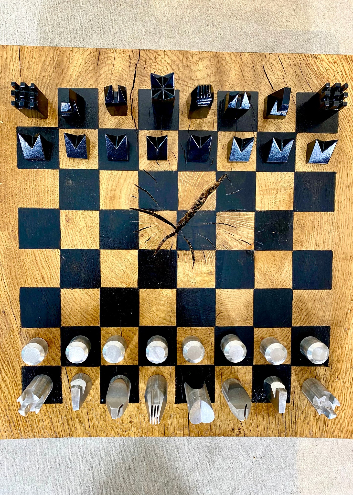Hand Made Steel Chess set with Rustic Oak Board