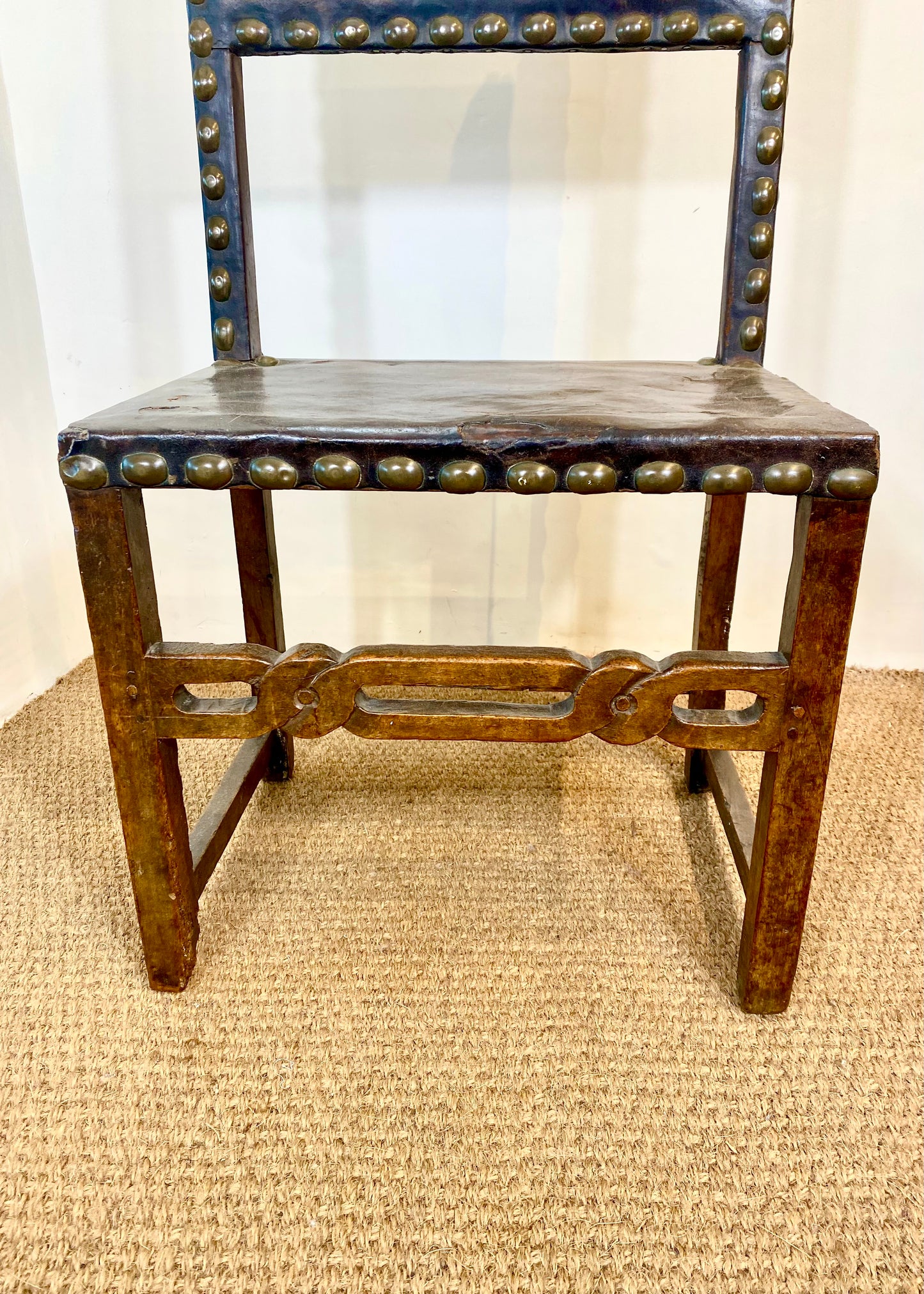 Exceptionally Large Spanish Walnut and Leather Chair