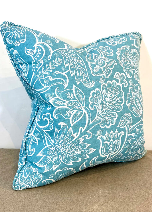 Aqua Botanical Print Piped Cushion