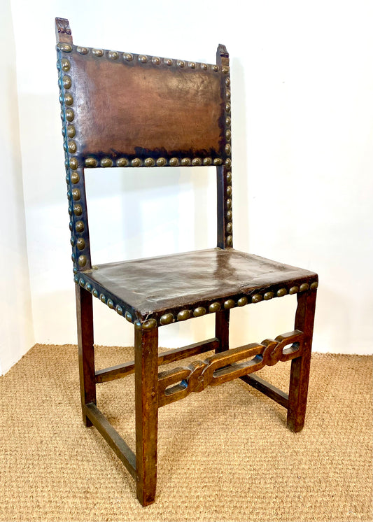 Exceptionally Large Spanish Walnut and Leather Chair
