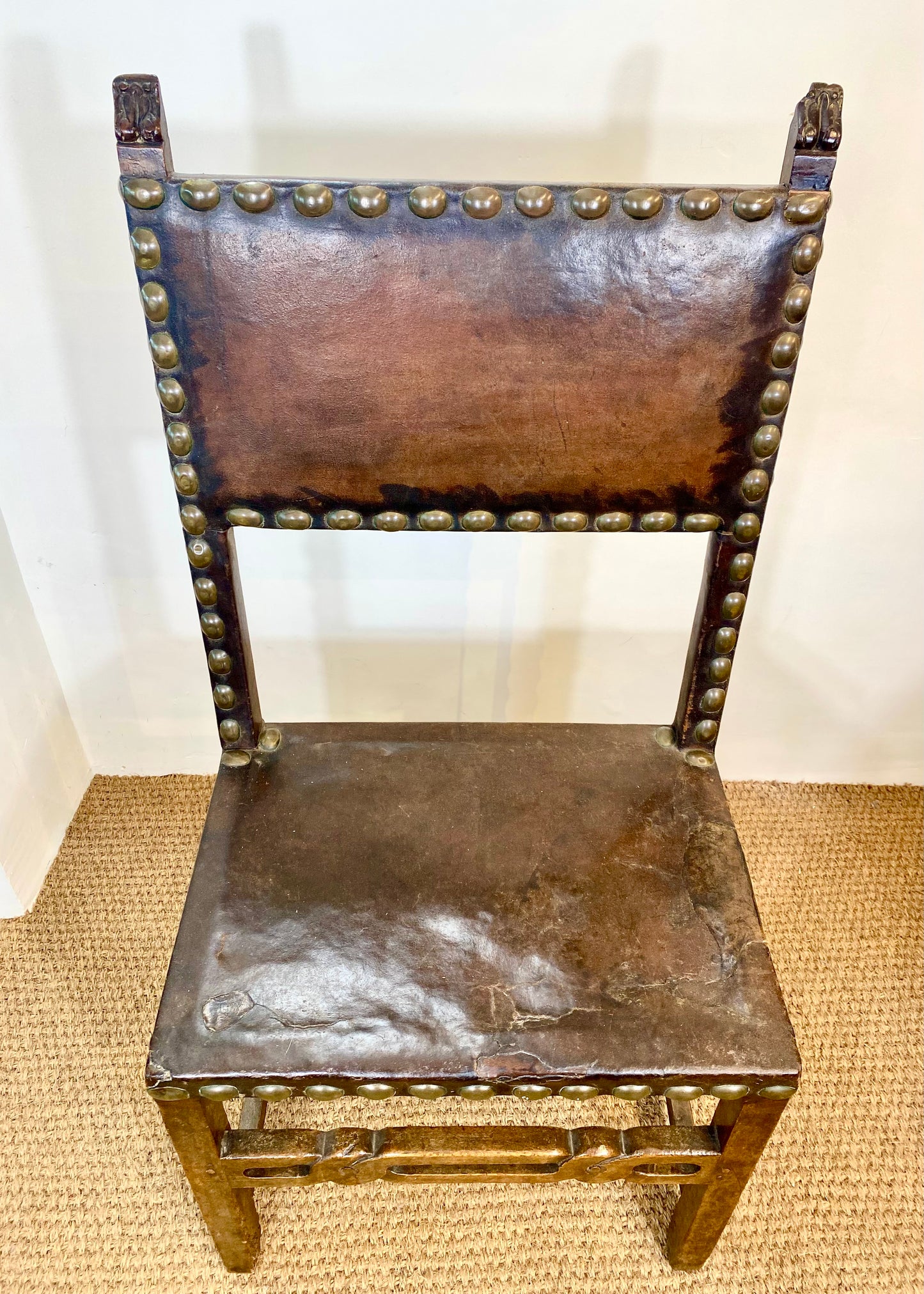 Exceptionally Large Spanish Walnut and Leather Chair