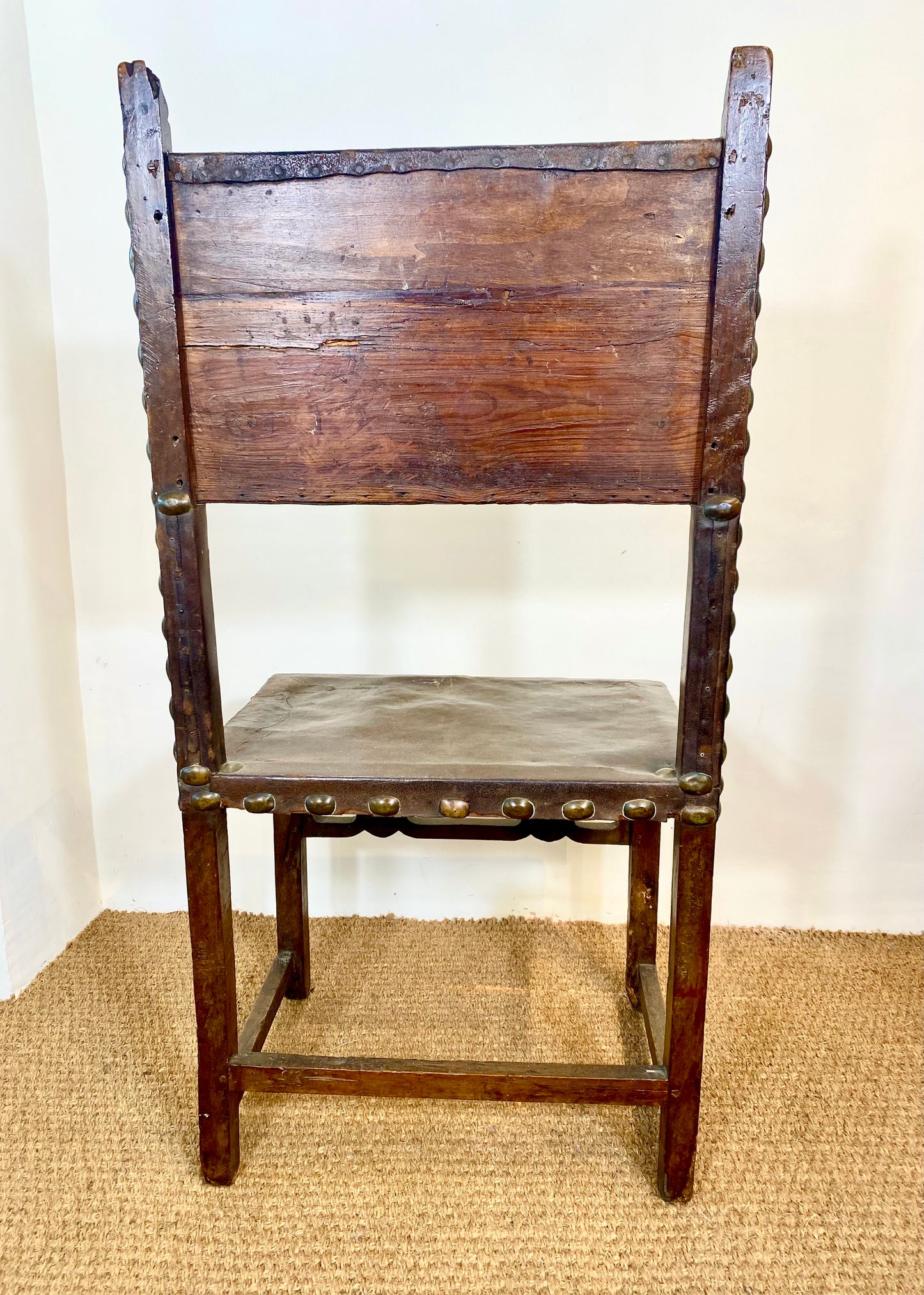 Exceptionally Large Spanish Walnut and Leather Chair