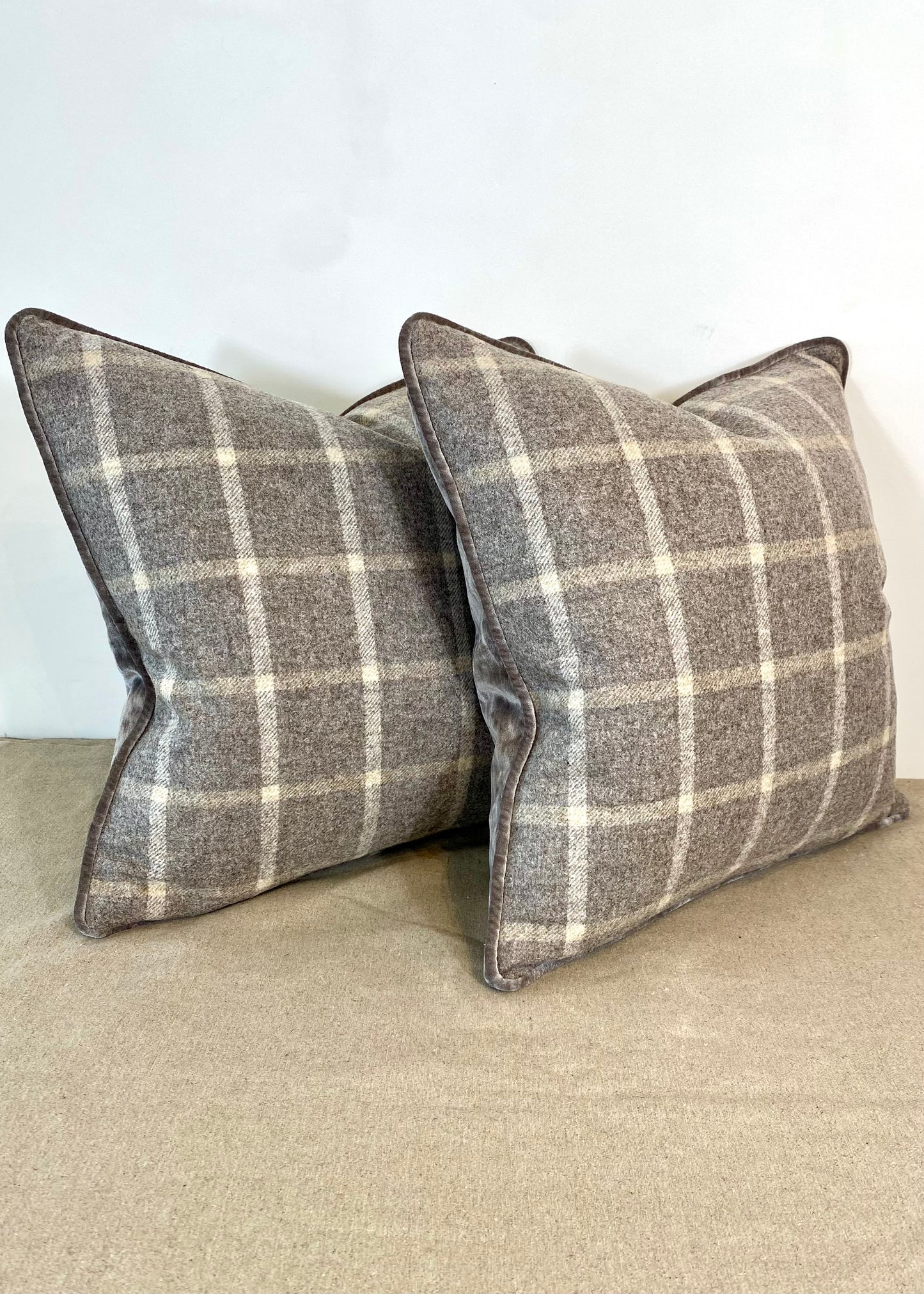 Grey Plaid and Velvet Piped Cushion with Feather Pad